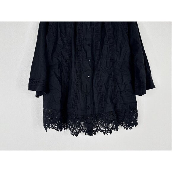 LOGO Lavish by Lori Goldstein Woven Button Front Top with Lace Trim Size M Black - Picture 4 of 13